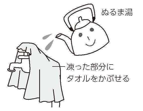 凍結した箇所にぬるま湯をかけて解凍しているイラスト