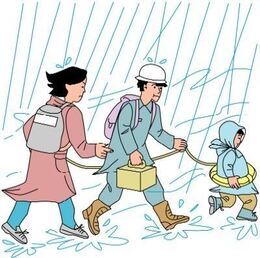 イラスト：洪水で水の中避難する3人家族