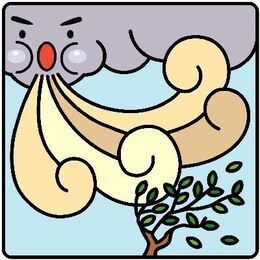 イラスト：台風が大きく息を吹いて木の葉を散らす
