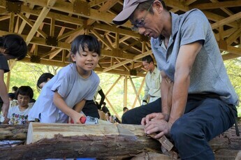 写真：丸太切り体験