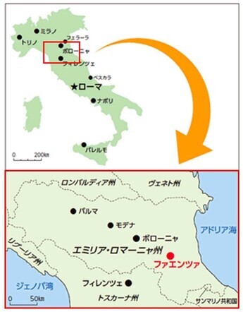 地図：イタリア半島とファエンツァの位置